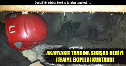AKARYAKIT TANKINA SIKIŞAN KEDİYİ İTFAİYE EKİPLERİ KURTARDI