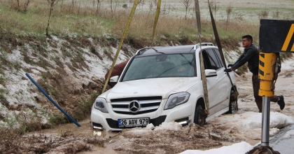 DOLU YAĞIŞINDAN DOLAYI KAYAN OTOMOBİL SU KANALINA DÜŞTÜ  