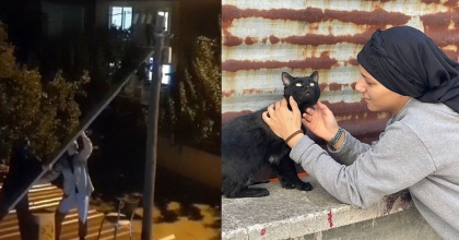 ELEKTRİK DİREĞİNDE MAHSUR KALAN KEDİYİ GENÇ KIZLAR KURTARDI