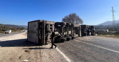 MİLAS’TA BALIK YÜKLÜ TIR DEVRİLDİ: 1 YARALI