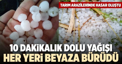 10 DAKİKALIK DOLU YAĞIŞI HER YERİ BEYAZA BÜRÜDÜ