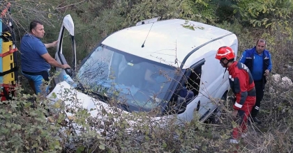 KARGO ARACI YOLDAN ÇIKTI, SÜRÜCÜ YARALANDI