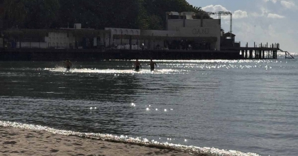 KUŞADASI'NDA YAĞMURLU HAVADA DENİZ KEYFİ YAPTILAR