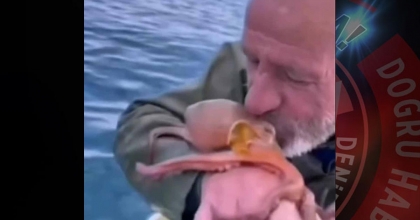YAKALADIĞI AHTAPOTU ÖPÜP SEVDİ, DENİZE BIRAKTI