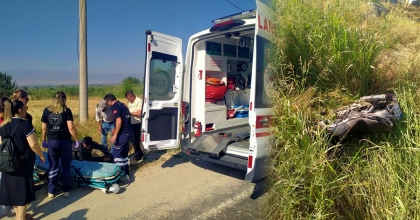 MOTOSİKLET TARLAYA UÇTU, SÜRÜCÜ YARALANDI