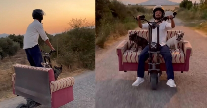 SCOOTERE KOLTUK MONTE EDİP, KÖPEKLERİYLE YOLCULUK YAPTI