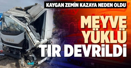 MEYVE YÜKLÜ TIR DEVRİLDİ