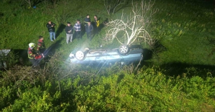 DOMUZA ÇARPAN OTOMOBİL UÇURUMA YUVARLANDI
