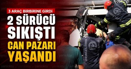 3 ARAÇ BİRBİRİNE GİRDİ 2 SÜRÜCÜ SIKIŞTI