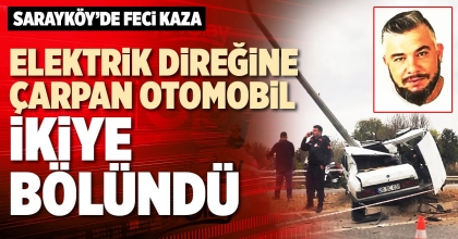 ELEKTRİK DİREĞİNE ÇARPAN OTOMOBİL İKİYE BÖLÜNDÜ