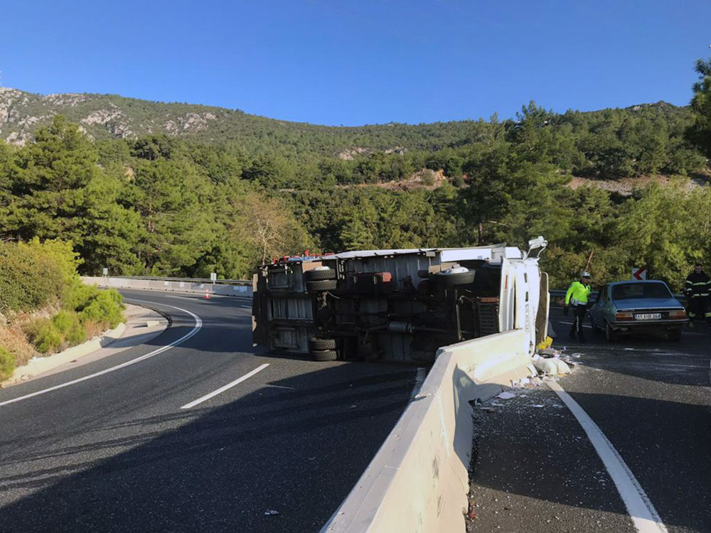 GIDA TAŞIYAN KAMYON KAZA YAPTI, 2 YARALI