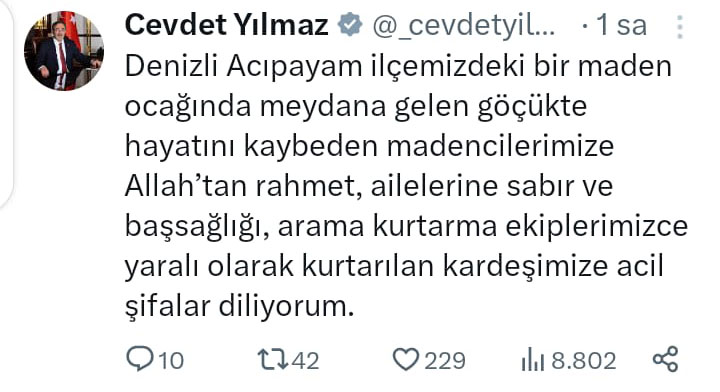 CEVDET YILMAZ’DAN TAZİYE MESAJI